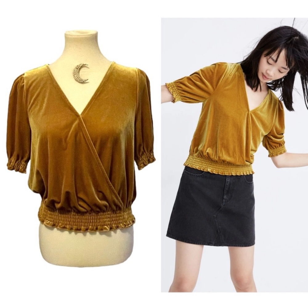 Madewell Velvet Smocked Crossover Sursplice Top Eggplant Gold Small VGUC
